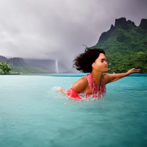 Prompt: a [ woman swimming in tahiti ] during a thunderstorm, [ 4 k photorealism ]!!, trending on unsplash, 4 k