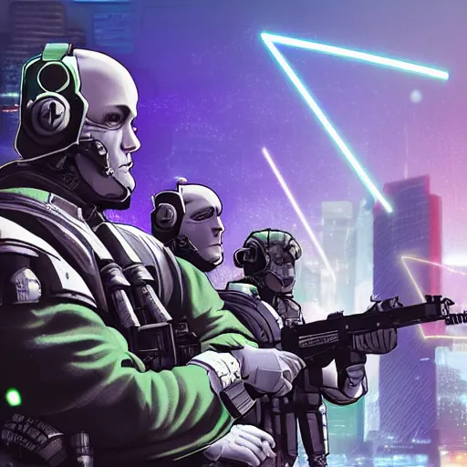 Prompt: cyberpunk military men in a battle using holographic warrrfare and electronic psychotronic defenses