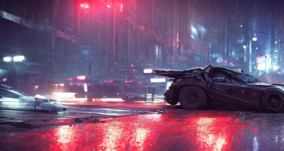 Image similar to closeup photo of combat tesla cybertruck flying over wet dystopian cyberpunk city streets at night, mad max, action, speed, volumetric lighting, hdr, need for speed, gta 5, forza, ridley scott, makoto shinkai, syd mead, craig mullins, cinematic, fast and furious, blade runner, octane, 8 k, iso 1 0 0, 1 2 mm