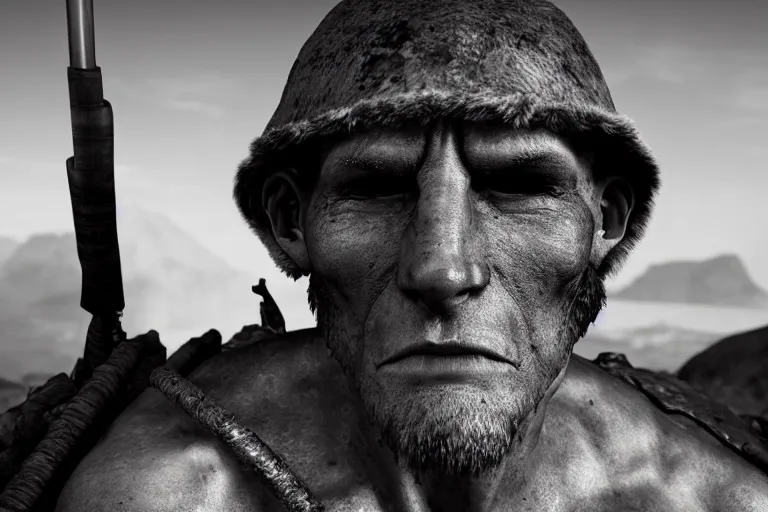 Image similar to still photo of stone age man looking at the camera in a battlefield, black and white color aesthetic, highly detailed, photorealistic portrait, bright studio setting, studio lighting, crisp quality and light reflections, unreal engine 5 quality render