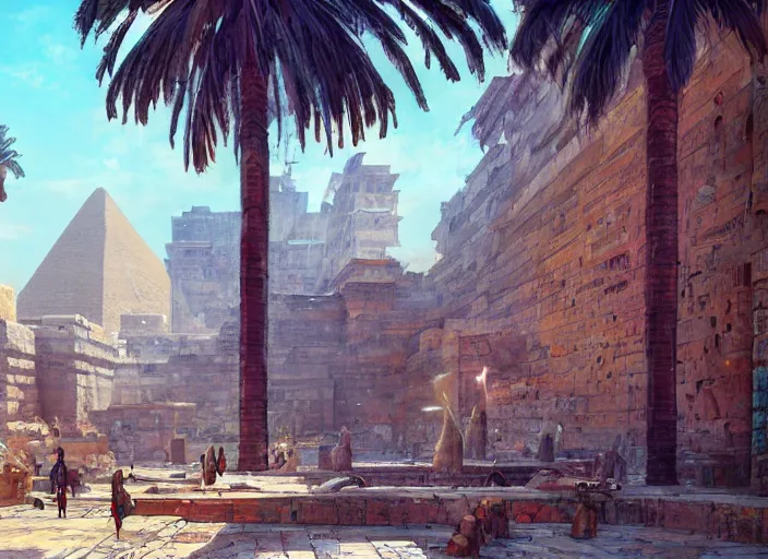 Image similar to A wide open courtyard in an epic, colorful city in ancient Egypt, anime, pyramids, palm trees, fountain, a fantasy digital painting by Greg Rutkowski and James Gurney, trending on Artstation, highly detailed