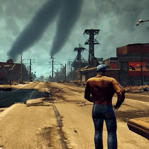 Image similar to tornado in tornado alley, town in ruins post - nuclear war in fallout 4, in game screenshot