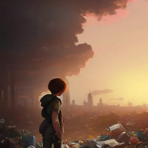 Image similar to poor detailed child with backpack standing at cars looking for food at garbage dump, destroyed cars, city is pure wasteland, moody sunset in background, greg rutkowski, alphonse mucha, trending on artstation, artgerm, unreal engine, breathtaking, award winning, highly detailed