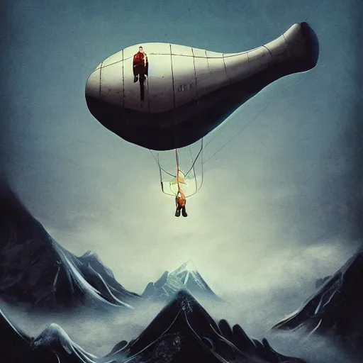 Image similar to a blimp in the sky above a snowy mountain, poster art by guillermo del toro, artstation, panfuturism, reimagined by industrial light and magic, official art, poster art