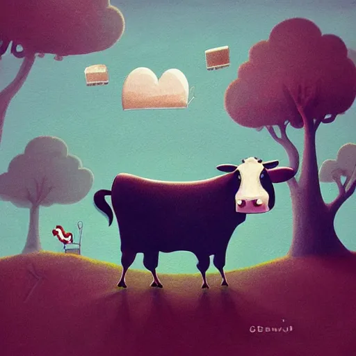 Prompt: cow playing a guitar, illustration by gediminas pranckevicius