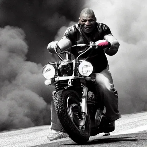 Prompt: mike tyson riding a motorcycle, explosion in background