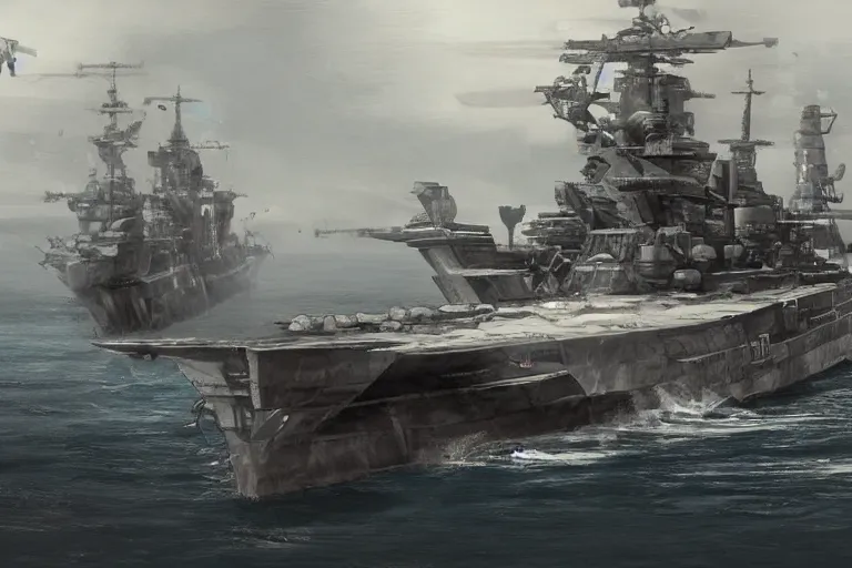 Image similar to Concept art of an angular stealth Bismarck battleship