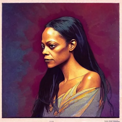 Prompt: zoe saldana portrait by louis - theophile hingre and alphonse mucha, realistic, sharp focus, zodiac signs, tarot cards, planets, ethereal, art nouveau, magic, moon, sun, crown, dreamy, royal, jewellery