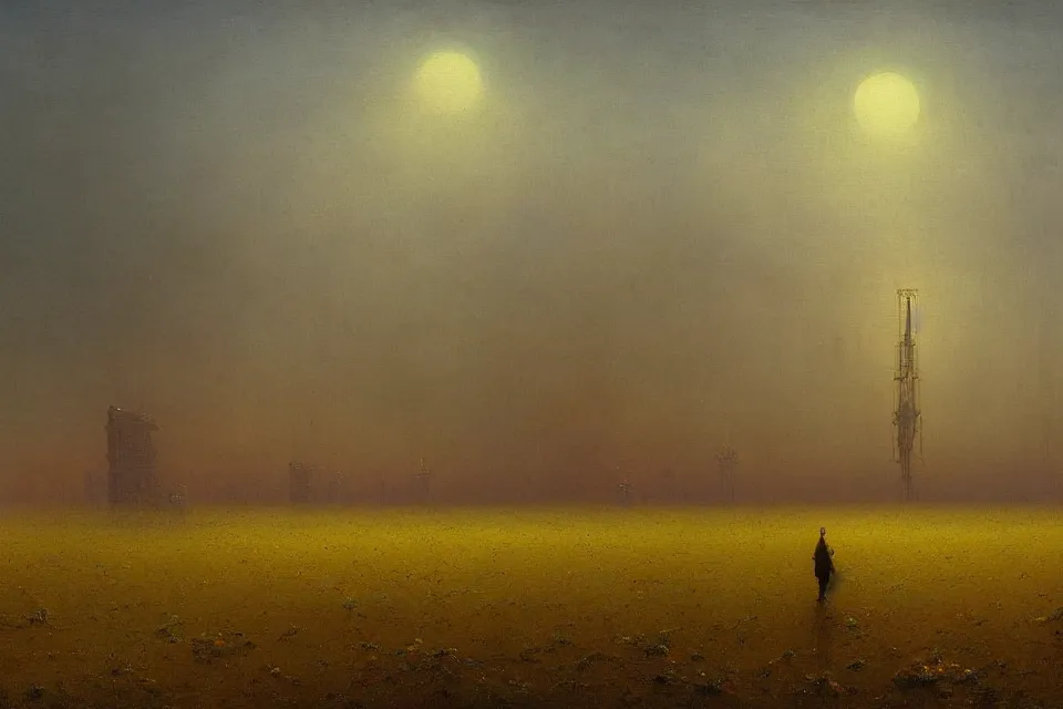 Prompt: sci-fi painting of a large alien city on the wheat fields, the closed back view of one humanoid robot on the ground, by Ivan Aivazovsky , godrays, detailed