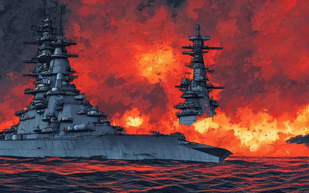 Image similar to japanese battleship yamato in front of huge nuclear explosion, in the style of james jean and laurie greasley, dynamic composition, dramatic lighting, ultra detailed