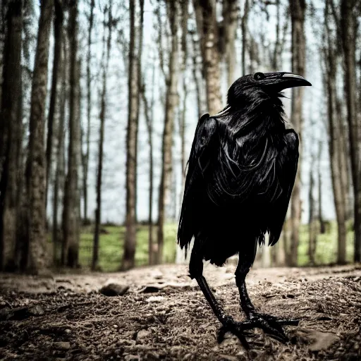 Prompt: standing werecreature consisting of a human and crow, photograph captured in a forest