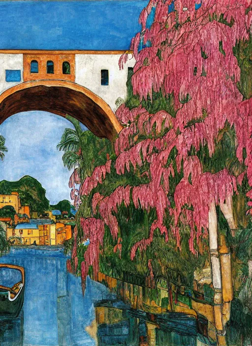 Image similar to a big through arch bridge on local river, a lot of old boat in river, brick buildings near a lot of palm trees and bougainvillea, hot with shining sun, painting by egon schiele