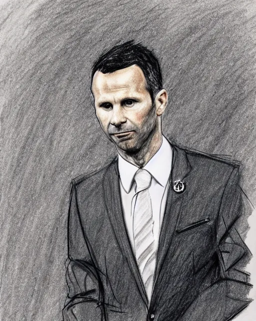 Prompt: ryan giggs wearing a formal suit. old and tired. court sketch artist. pencil on paper.