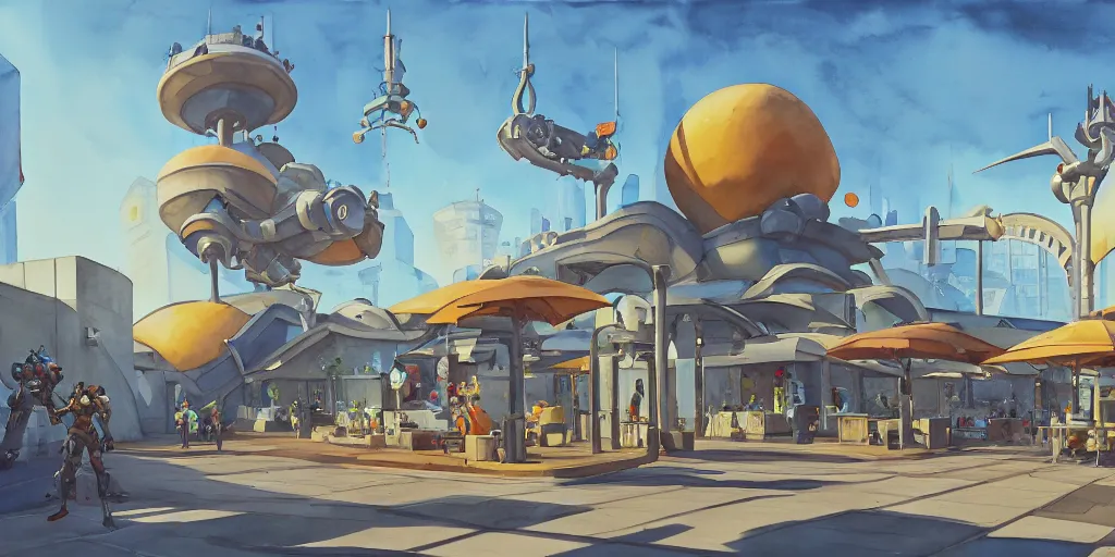 Image similar to overwatch building, stylized, exterior, architecture, in watercolor gouache detailed paintings, insanely detail, artstation, 8 k, futuristic, big medium small, arcane, simon stalenhag, food stall, interesting shapes & form, golden ratio, megastructures, vitaly bulgarov, mall, jungle, environment, nature