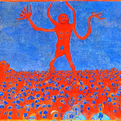 Image similar to a red person inside a giant herd of blue people, symbolist, visionary, dreamlike