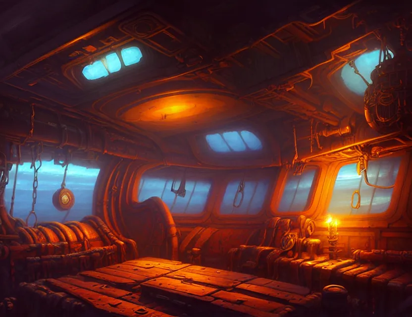 Image similar to interior view in the captain's cabin of a flying ship, d & d planescape fantasy art, artstation contest winner, beautiful digital painting in the style of dan mumford, art by kev chan, volumetric lighting, concept art, speedpainting, fantasypunk, deep colors, cgsociety, by gerald brom, by greg rutkowski, by ruan jia