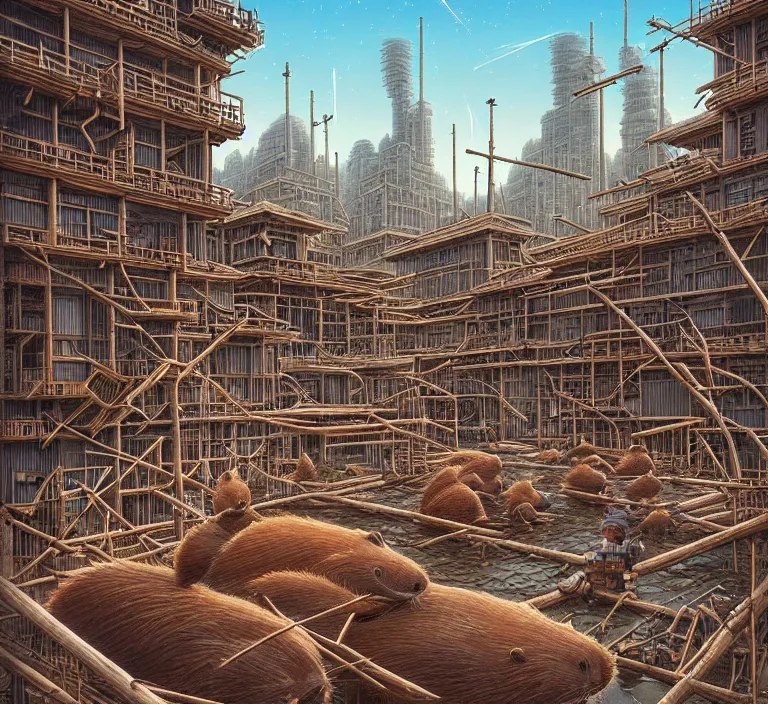 Prompt: photography hyperrealism concept art of highly detailed anthropomorphic beavers builders that building highly detailed futuristic city with sticks by hasui kawase and scott listfield sci - fi style hyperrealism
