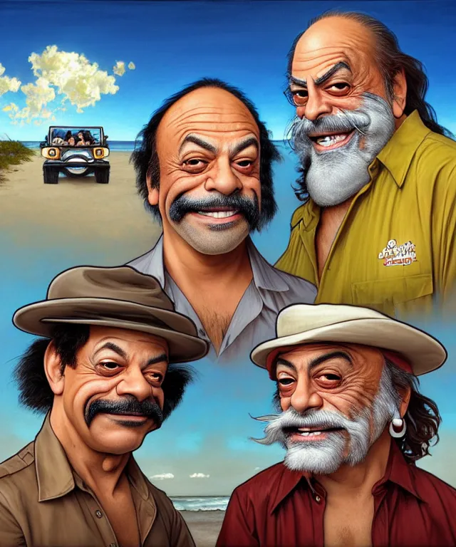 Image similar to Caricatures of Cheech Marin and Tommy Chong, riding in a children's jeep along cocoa beach front, Miami. fun, funny, highly detailed, digital painting, artstation, concept art, smooth, sharp focus, illustration, art by artgerm and greg rutkowski and alphonse mucha