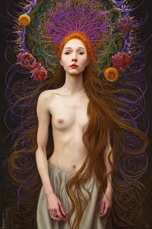 Image similar to portrait of a young female wizard in flowing sensual dress, arrogant, long fine flowing hair, delicate, looking at camera, slight nerdy awkward smile, realistic face, stylish, elegant, grimdark fantasy, flowers, extremely detailed painting inspired by Gerald Brom and Ernst Haeckel and Victor Nizovtsev, studio lighting