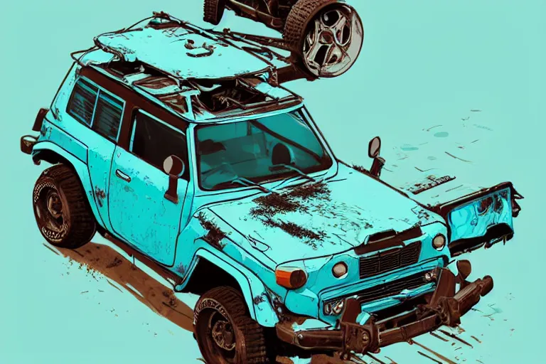 Image similar to digital illustration of a futuristic faded cyan mad max's fj 4 0 decrepit!!!! pursuit special, rusty!!! cyberpunk nissan fj cruiser heavily modded 1 9 9 0 s, the last v 8 interceptor by makoto shinkai, ilya kuvshinov, lois van baarle, rossdraws, basquiat