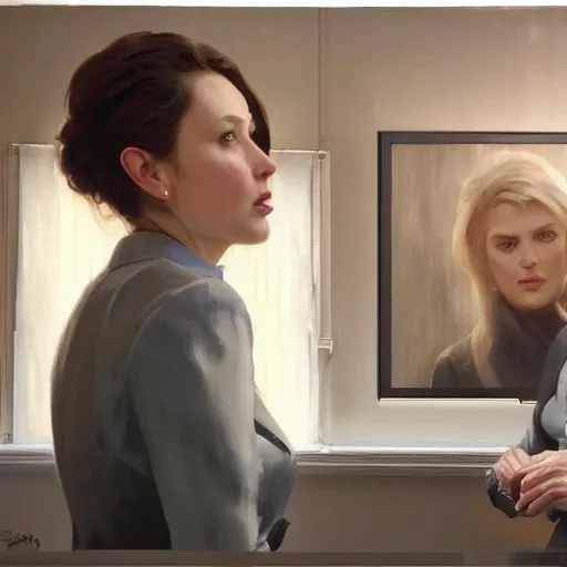 Prompt: epic cinematic hyperrealism masterpiece where 2 business women appear talking. realistic poster with shaded lighting by craig mallismo, artgerm, jeremy lipkin and michael garmash, unreal engine, radiant light, detailed and complex environment, digital art, art station trends