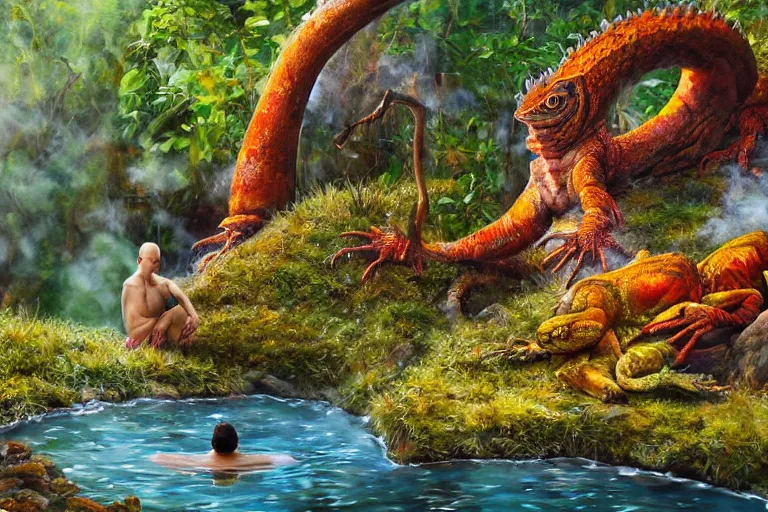 Prompt: highly detailed oil painting of a lizard man sitting in a steaming colorful hotspring with woodland forest backdrop, featured on artstation