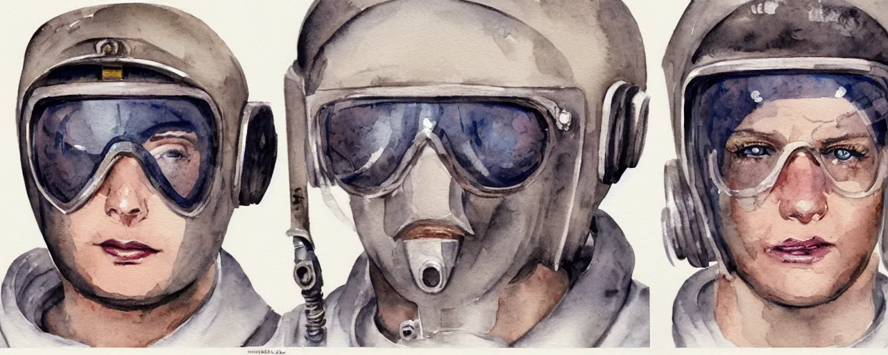 Image similar to watercolor character concept art 3 / 4 portrait of tattooed stoic heroic emotionless butch blonde woman engineer with short slicked - back hair, wearing dirty flight suit, wearing dark victorian goggles, working inside reactor room, awkward and uncomfortable and anxious, dirty. mike mignogna, ron cobb, industrial space program, scifi.