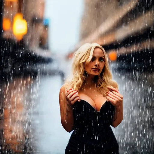 Image similar to beautiful blonde curvy woman looking seductively at pov, raining, night time, city lighting, romantic