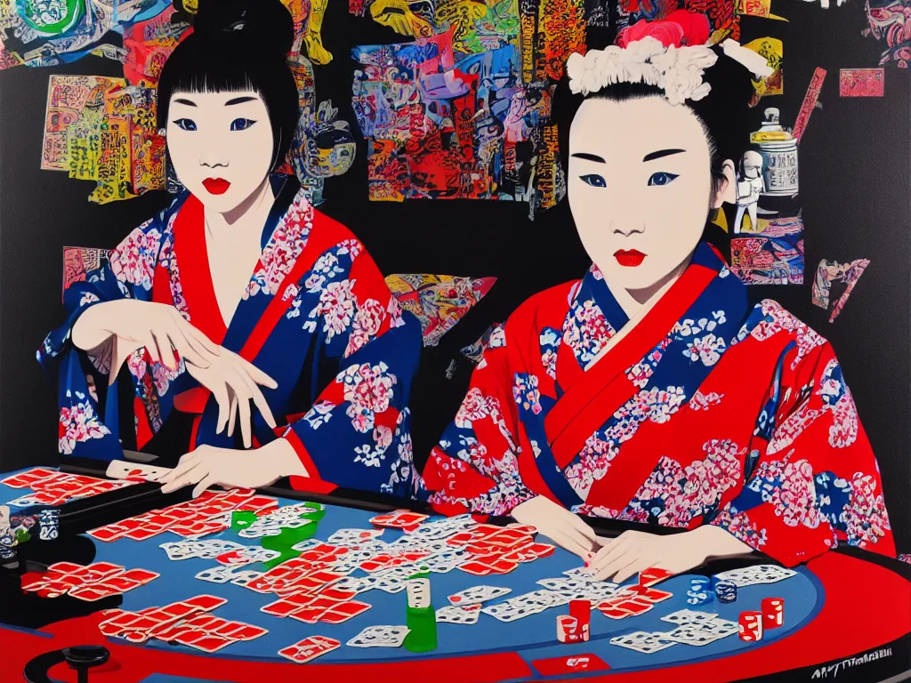 Image similar to hyperrealism composition of the detailed single woman in a japanese kimono sitting at an extremely detailed poker table with stormtrooper, fireworks, river on the background, pop - art style, jacky tsai style, andy warhol style, acrylic on canvas