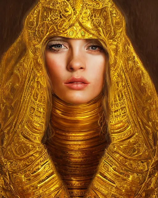 Prompt: oil painting portrait of woman in shining golden armor, high production value, intricate details, high resolution, hdr, high definition, masterpiece, realistic, ultrarealistic, highly detailed, hd, sharp focus, non blurry, sharp, smooth