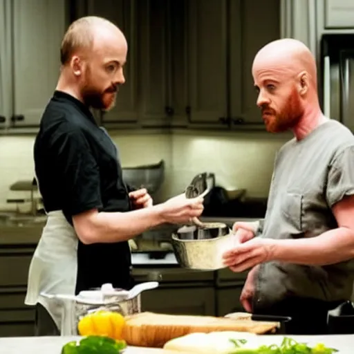 Prompt: jessie pinkman cooking with walter white