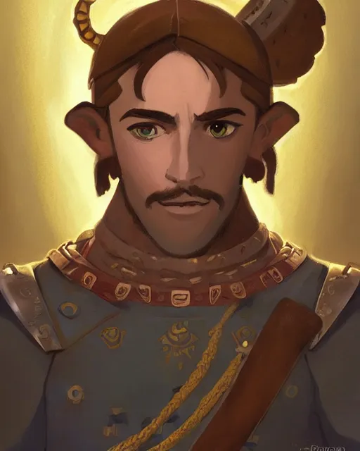 Prompt: portrait of a spanish conquistador wearing ornate armor, by daniel zrom and disney concept artists and studio ghibli, treasure planet movie color scheme, symmetric, handsome, golden ratio, jungle