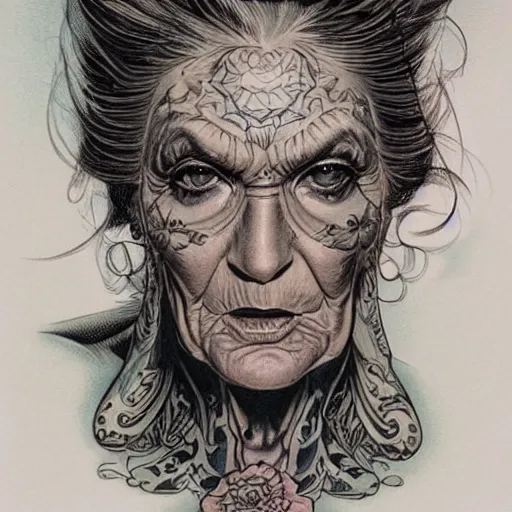 Image similar to a beautiful portrait of a heavily tattooed older woman Travis Charest style