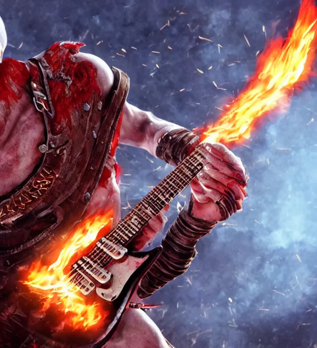 Prompt: screaming kratos shredding on a flaming stratocaster guitar, cinematic render, god of war 2 0 1 8, santa monica studio official media, lightning, stripe over eye