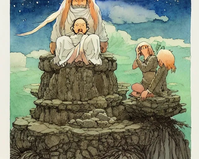 Image similar to a hyperrealist studio ghibli watercolor fantasy concept art of a giant long haired grey witch in lotus position sitting on top of stonehenge with a starry sky in the background. a group of tiny monks are prostrating them themselves. by rebecca guay, michael kaluta, charles vess