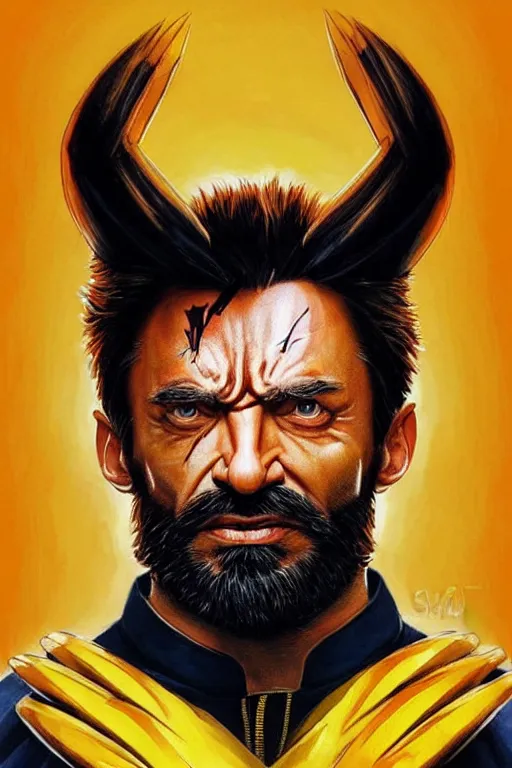 Image similar to Narendra Modi as Hugh Jackman Wolverine, claws are up, yellow X-man costume, Narendra Modi hairstyle and beardstyle, calm, grumpy, portrait, masculine figure, highly detailed, digital painting, artstation, concept art, smooth, sharp focus, illustration, cinematic lighting, art by artgerm and greg rutkowski and alphonse mucha