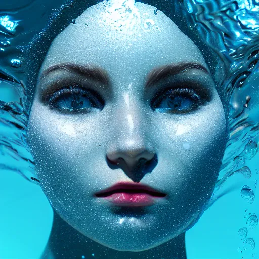 Image similar to water artwork manipulation in the shape of a beautiful female head, on the ocean water, ray tracing, realistic water sharp focus, long shot, 8 k resolution, cinematic, realistic water art