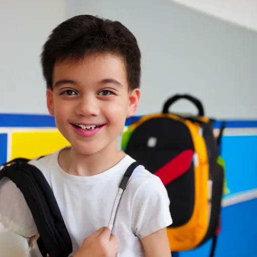 Prompt: happy student boy with holding his notebook with his backpack on