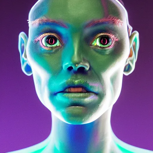 Image similar to hyperrealistic ultra detailed rococo cyborg woman with pearlescent blue skin wayne barlowe very dramatic green neon lighting on one side wide angle 35mm shallow depth of field 8k