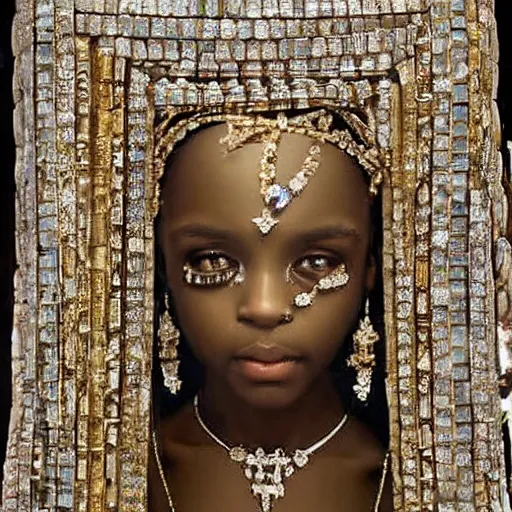 Image similar to The royal tomb, jewelpunk, each indiviual person is on display, posed as they were in life, encased forever in diamond, very beautiful, each body is lit from above. Princess Soraha, age 10