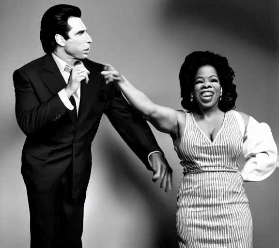 Image similar to john travolta and Oprah Winfrey doing whip-it’s, photograph by Dorothea Lange