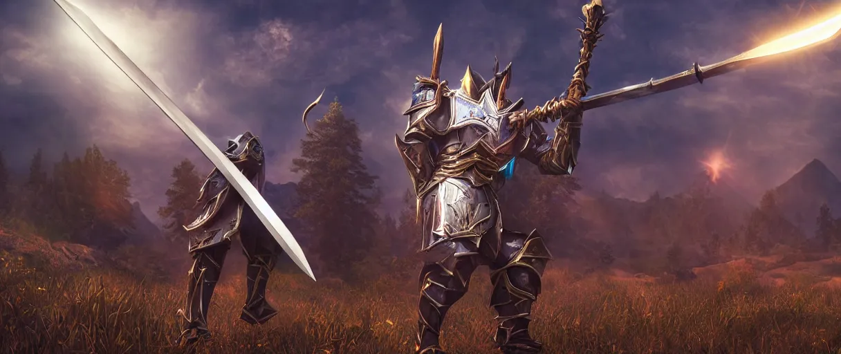 Image similar to a armored holy paladin casting magic spells sword shield against night elf bowmen lord dramatic lighting cinematic establishing shot extremely high detail foto realistic cinematic lighting post processed