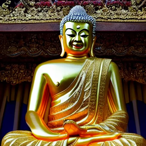 Image similar to Donald Trump as a golden thai Buddha statue, in Buddhist temple, colourized, photo