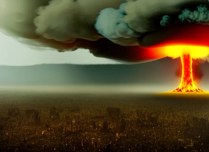 Image similar to nuclear explosion with a mushroom cloud and shockwaves with dust and fog in the city. Centered. Horror dystopia style. Highly detailed 8k. Intricate. Nikon d850 300mm. Award winning photography.