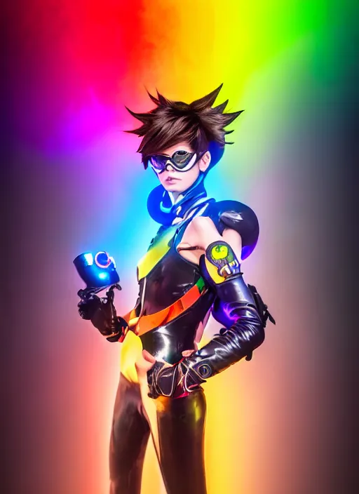Image similar to full body overwatch style oil painting portrait of tracer overwatch, confident pose, full body, full body, wearing black jagged iridescent rainbow latex armor, rainbow, neon, 4 k, expressive surprised expression, makeup, wearing large rainbow neon choker, studio lighting, acid, trippy, black leather harness, expressive detailed face and eyes,