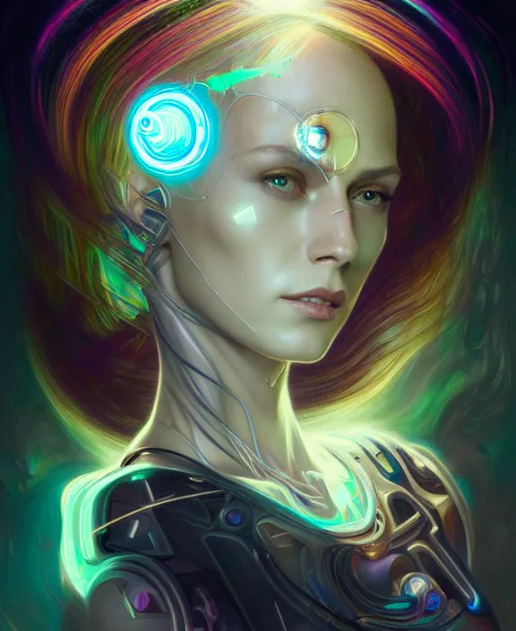 Image similar to a whirlwind of souls rushing inside the metaverse, hologram, half body, neurochip, shaved temple, piercing, jewelry, android, cyborg, cyberpunk face, by loish, d & d, fantasy, intricate, elegant, highly detailed, colorful, digital painting, artstation, concept art, art by artgerm and greg rutkowski and alphonse mucha