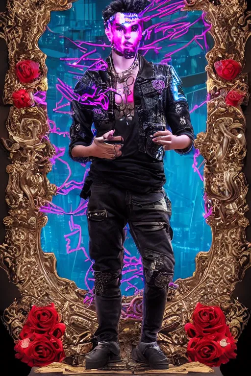 Prompt: full-body cyberpunk style sculpture of a young handsome Latino prince half android with a chest opening exposing circuitry and electric sparks, glowing red eyes, crown of blue roses, flowing magenta-colored silk, fabric, snakes. baroque elements, human skull. full-length view. baroque element. intricate artwork by caravaggio. many many birds birds on background. Trending on artstation, octane render, cinematic lighting from the right, hyper realism, octane render, 8k, depth of field, 3D