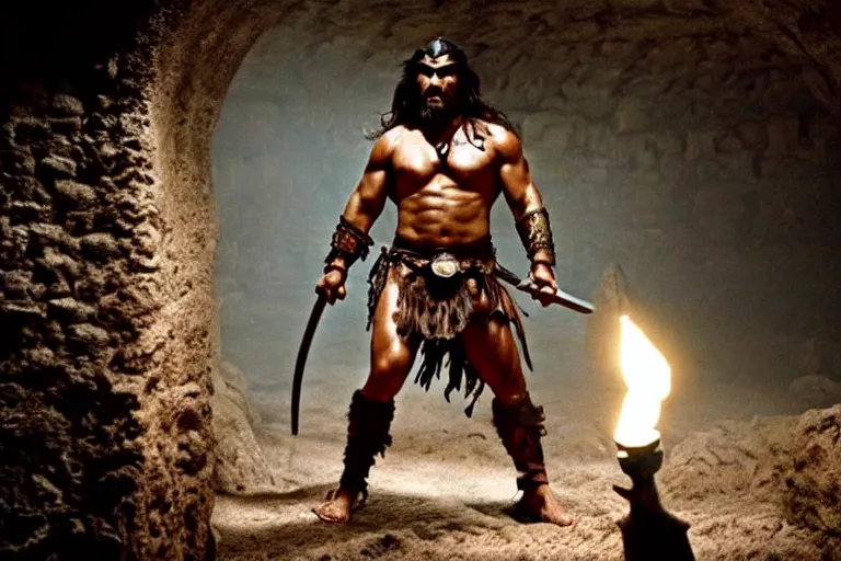 Image similar to film still from conan the barbarian, jason momoa as conan holding a torch in the catacombs of evil, fantasy armor, volumetric lighting, mist, wet skin and windblown hair, muscular!!!, masculine pose, ridley scott