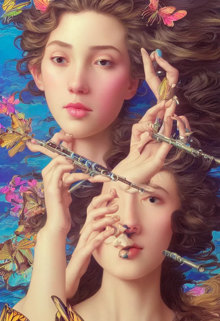 Prompt: beautiful, young woman, detailed gorgeous face, sad eyes, crying, vaporwave aesthetic, synthwave, colorful, psychedelic, holding a flute, butterflies, birds, digital painting, artstation, concept art, smooth, extremely sharp detail, finely tuned detail, ultra high definition, ultra sharp focus, illustration, art by artgerm and greg rutkowski and alphonse mucha