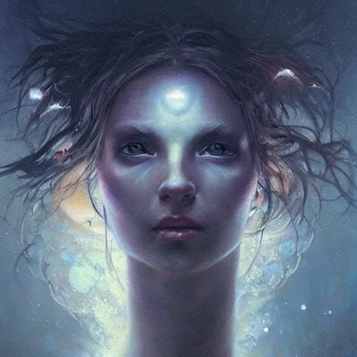 Image similar to a hyperrealistic acrylic on canvas portrait painting of the Moon Goddess by Greg Rutkowski, Artgerm and Beksinski. Epic fantasy art. Vivid cinematic lighting. Night scene.